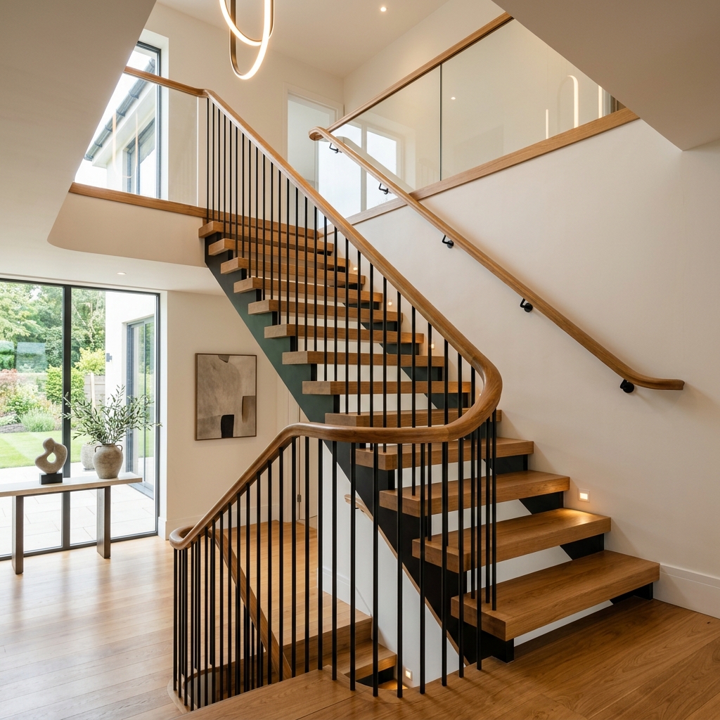 Escalera con pasamanos de madera
